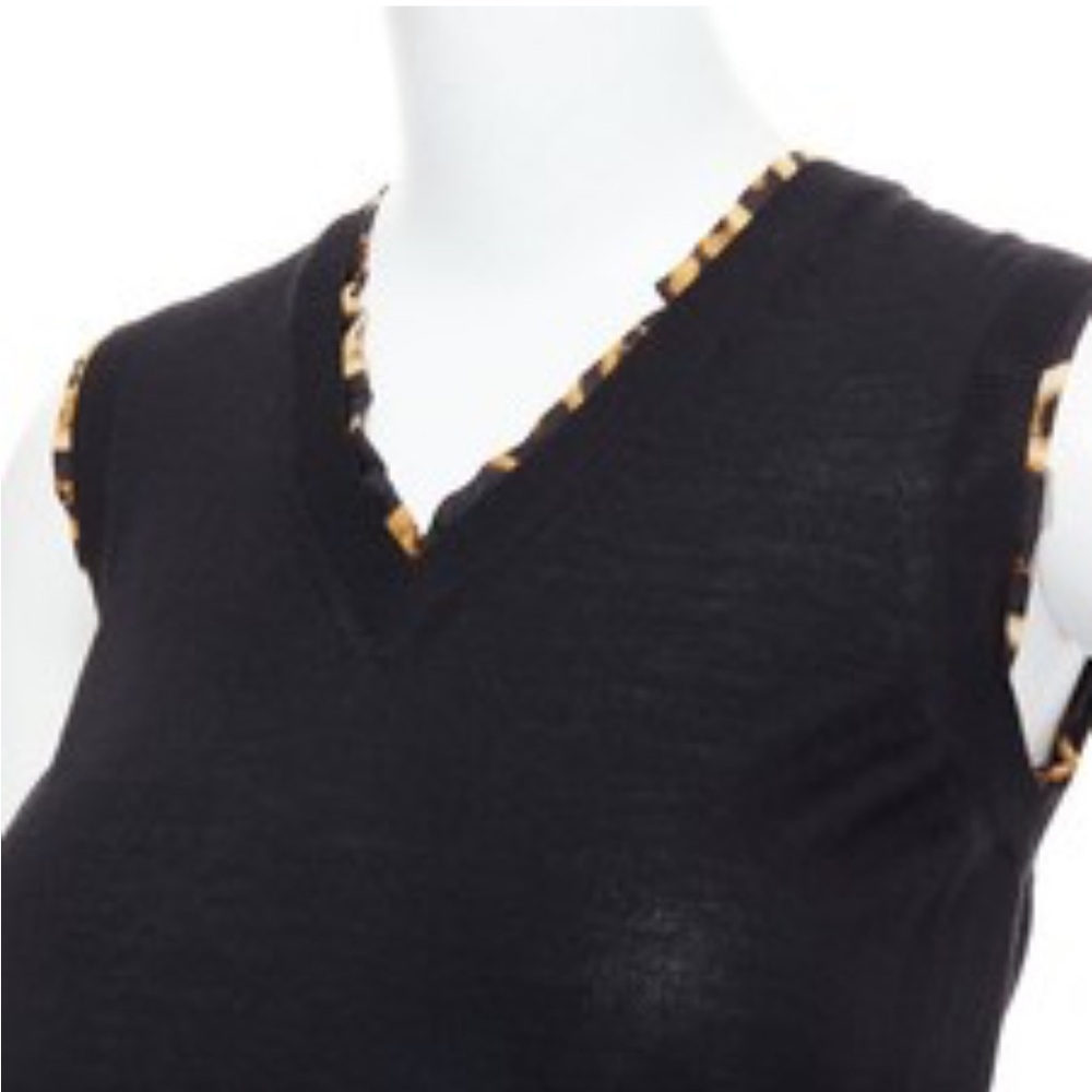 Yves Saint Laurent Sweater Vest V- neck Blouse Virgin Wool Silk Black Leopard XS
